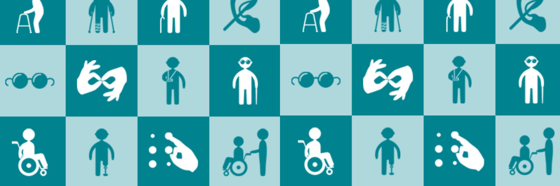 A blue and white patterned design featuring various icons related to disabilities.